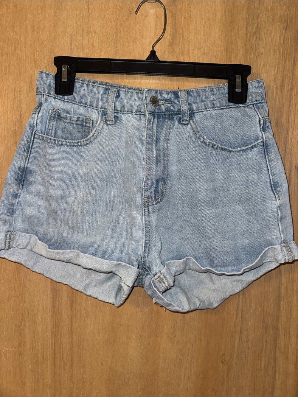 Shein Light Blue Denim Roll-Hem Shorts. Faces on Pocket Junior’s Small